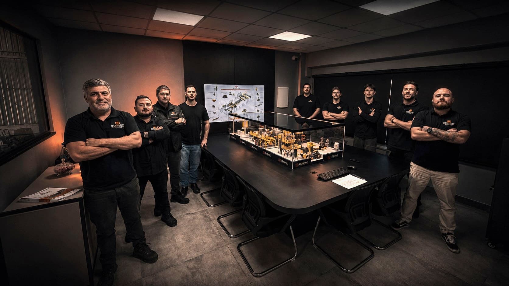 Equipe da Origetec na sala de engenharia com o modelo da linha de fundição